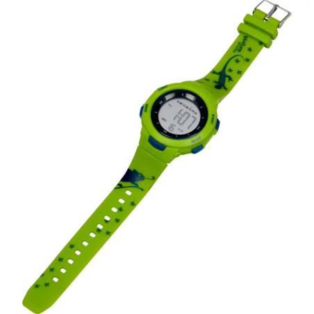 Grüne Digitaluhr mit blauem Dinosaurier- und Fußabdruck-Design auf dem Armband Anzeige zeigt Uhrzeit und Datum.