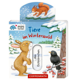 Kinderbuchcover mit Hase, Vogel und Eichhörnchen im verschneiten Wald, dazu deutscher Text.