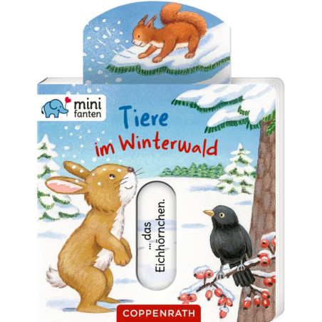Kinderbuchcover mit Hase, Vogel und Eichhörnchen im verschneiten Wald, dazu deutscher Text.