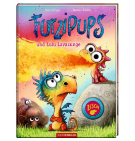 Buntes Kinderbuchcover mit zwei Cartoon-Dinosauriern, einem pelzigen Wesen und fröhlicher, auffälliger Schrift.