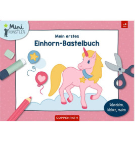 Pinkes Cover von Mein erstes Einhorn-Bastelbuch mit Bastelmaterialien und gezeichnetem Einhorn.