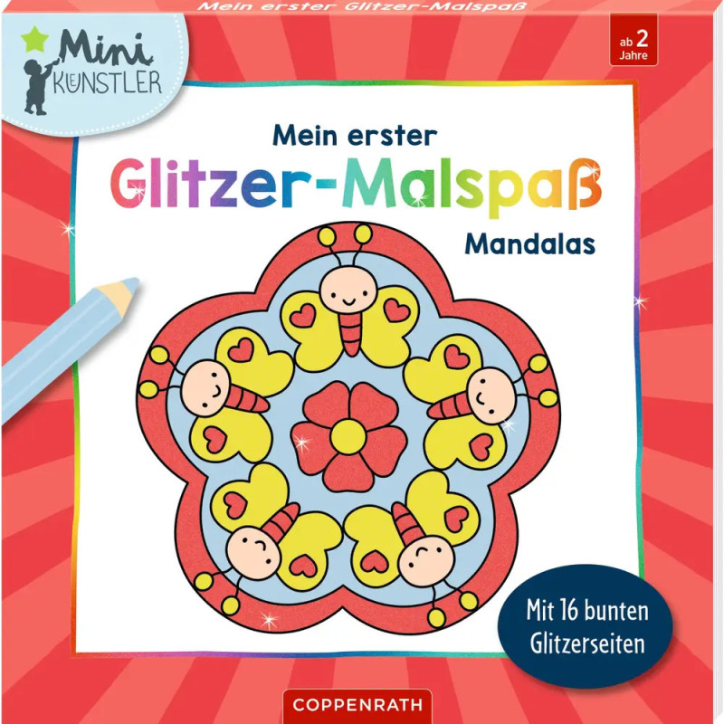Buntes Mandala mit Bienen und Blumen auf dem rot umrandeten Cover eines Kinder-Aktivitätsbuchs.