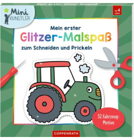 Kinder-Mitmachbuch: Cover mit Cartoon-Traktor, Schere und deutschem Titel über Bastelspaß mit Glitzer.