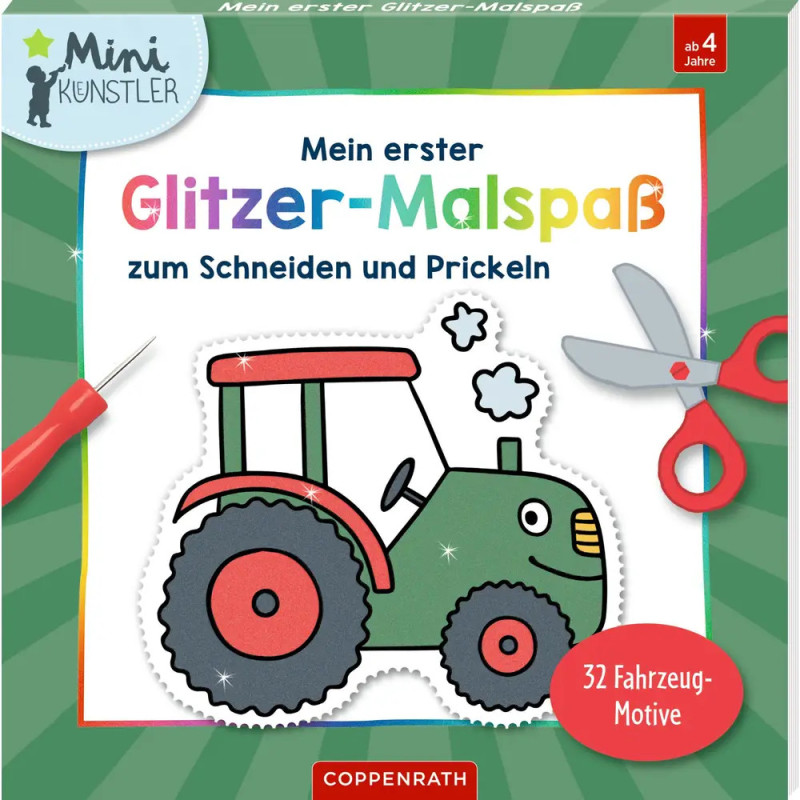 Kinder-Mitmachbuch: Cover mit Cartoon-Traktor, Schere und deutschem Titel über Bastelspaß mit Glitzer.