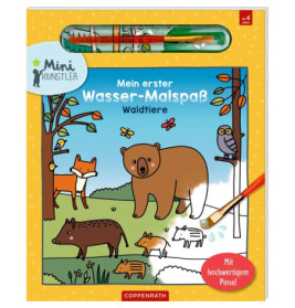 Kinder-Aquarellbuch mit Waldtieren, Pinsel und bunten Farben oben auf dem Cover.