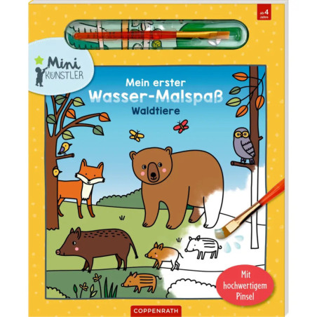 Kinder-Aquarellbuch mit Waldtieren, Pinsel und bunten Farben oben auf dem Cover.