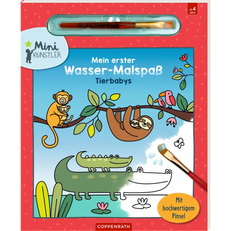 Kinder-Wasser-Malbuch mit Tiermotiven, Pinsel und deutschem Text auf dem Cover.
