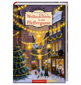 Festlich geschmückte Straße mit Lichtern, Baum und Menschen Buchtitel: Weihnachten in der Pfeffergasse.