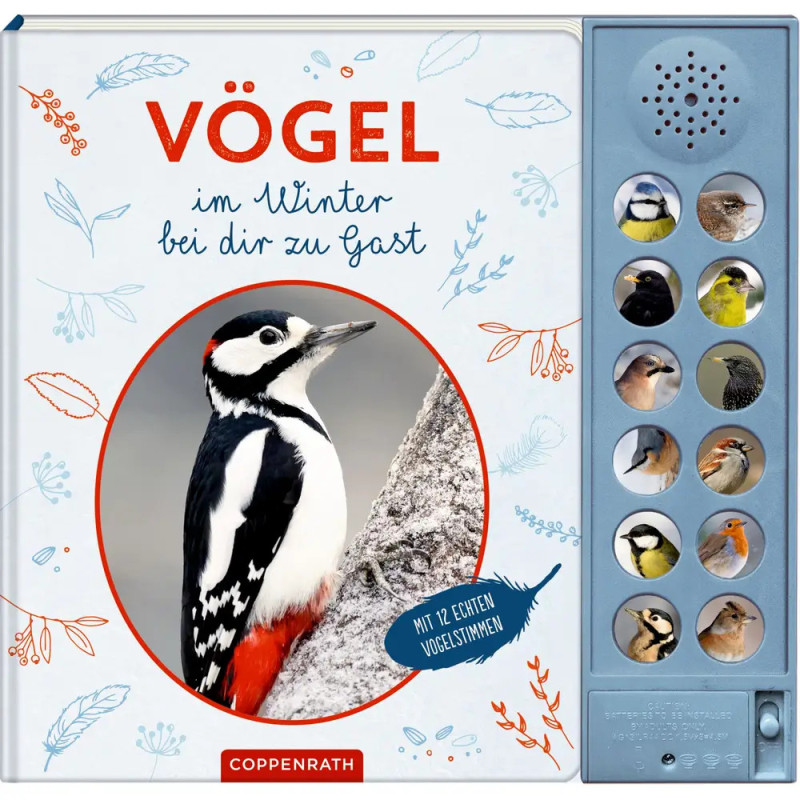 Kinderbuchcover mit Spechtfoto und Soundknöpfen, die verschiedene Wintervögel zeigen.