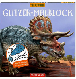 Ein bunter Dinosaurier mit drei Hörnern steht auf felsigem Boden unter blauem Himmel.