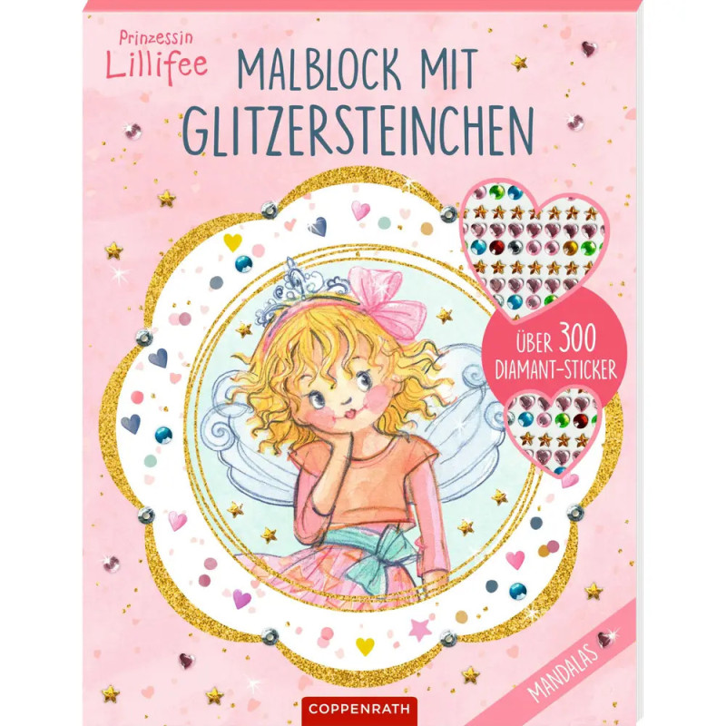 Rosa Malbuch-Cover mit Feen-Illustration, herzförmigen Stickern und deutschem Hinweis auf Diamant-Sticker.