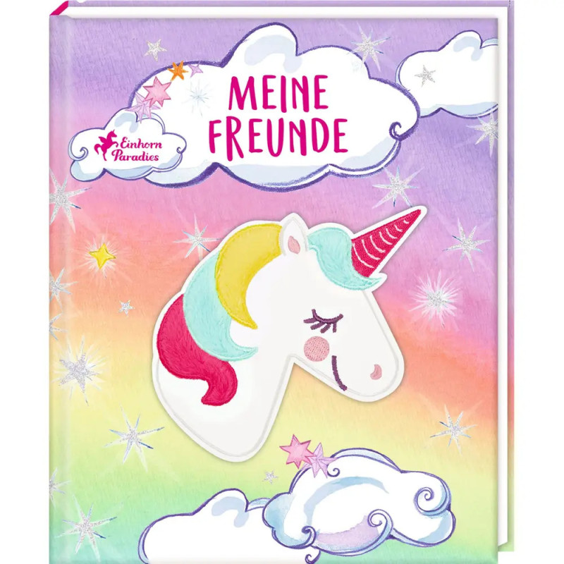 Pastellfarbenes Buchcover mit Einhorn und MEINE FREUNDE in Pink auf wolkigem Hintergrund.