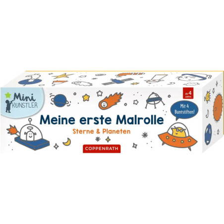 Box mit Comic-Planeten, Sternen, Raumschiffen und dem deutschen Text Meine erste Malrolle - Sterne & Planeten.