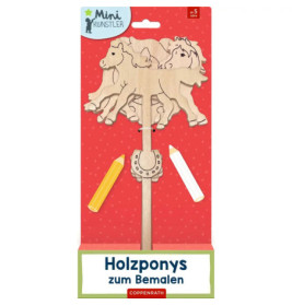 Holzponys auf Stiel mit zwei Malstiften, als Set zum Bemalen verpackt, beschriftet mit Holzponys zum Bemalen.