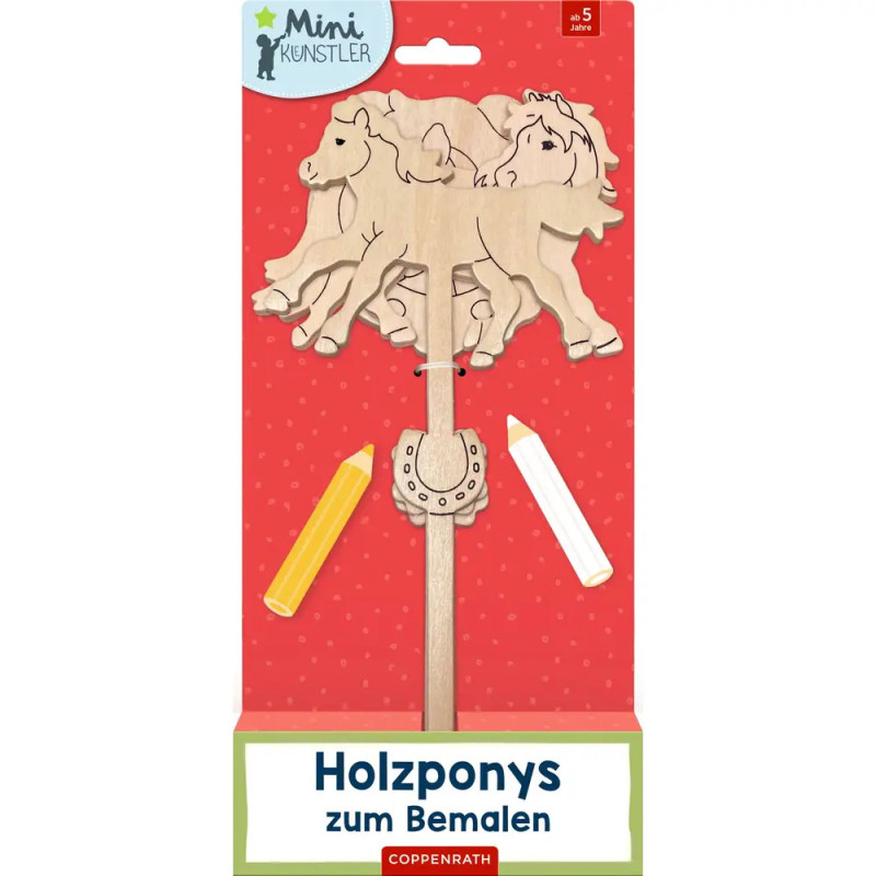Holzponys auf Stiel mit zwei Malstiften, als Set zum Bemalen verpackt, beschriftet mit Holzponys zum Bemalen.