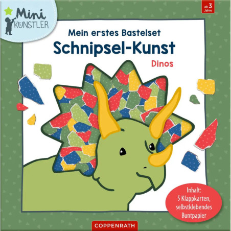 Bunter Triceratops aus Mosaiksteinen auf einer deutschen Bastelset-Box für Kinder.