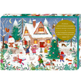 Bunte Puzzlebox mit verschneiter Hüttenszene, spielenden Kindern und Tieren in winterlicher Landschaft.