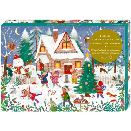 Bunte Puzzlebox mit verschneiter Hüttenszene, spielenden Kindern und Tieren in winterlicher Landschaft.