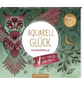 Malkasten mit Eulen- und Blättermotiv, beschriftet mit Aquarell Glück Zauberwald.