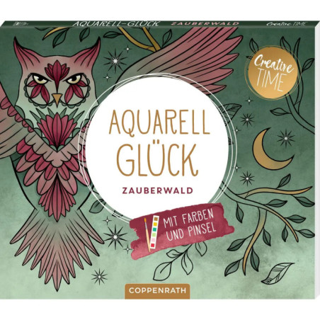 Malkasten mit Eulen- und Blättermotiv, beschriftet mit Aquarell Glück Zauberwald.