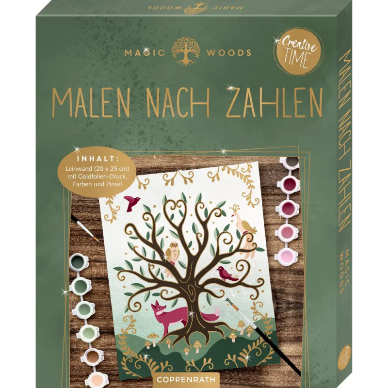 Malen-nach-Zahlen-Set mit Tierbaum-Motiv enthält Farben, Pinsel und Leinwand.