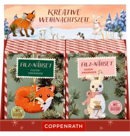 Zwei weihnachtliche Filz-Nähsets mit Fuchs- und Hasenmotiv in einer festlichen Box mit Tierillustrationen.