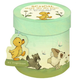 Runde, mintgrüne Box mit Abbildungen von Ente, Waschbär, Hund und einem Fingerpuppen-Tag in Entenform.