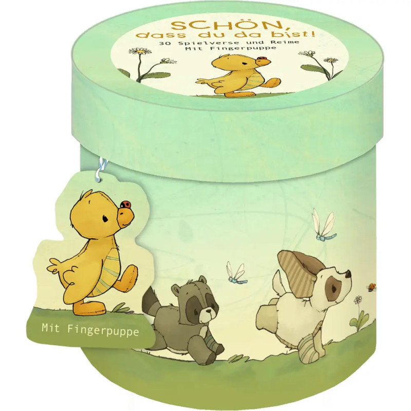 Runde, mintgrüne Box mit Abbildungen von Ente, Waschbär, Hund und einem Fingerpuppen-Tag in Entenform.