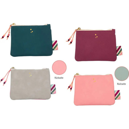 Vier kleine Reißverschlusstaschen in Türkis, Weinrot, Hellgrau und Pink, jeweils mit Perlen am Zipper.