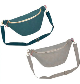 Zwei Umhängetaschen, eine in Türkis, eine in Beige, beide mit goldenem Reißverschluss und verstellbarem Gurt.
