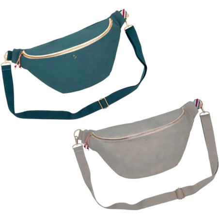 Zwei Umhängetaschen, eine in Türkis, eine in Beige, beide mit goldenem Reißverschluss und verstellbarem Gurt.