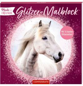 Weißes Pferd in rundem Rahmen mit glitzerndem pinkem Rand und deutschem Text auf lila Hintergrund.