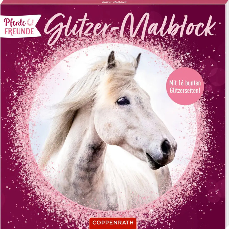 Weißes Pferd in rundem Rahmen mit glitzerndem pinkem Rand und deutschem Text auf lila Hintergrund.