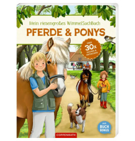 Ein Mädchen mit Pferd steht auf einem Bauernhofweg, umgeben von Kindern, Tieren und einer Scheune im Hintergrund.