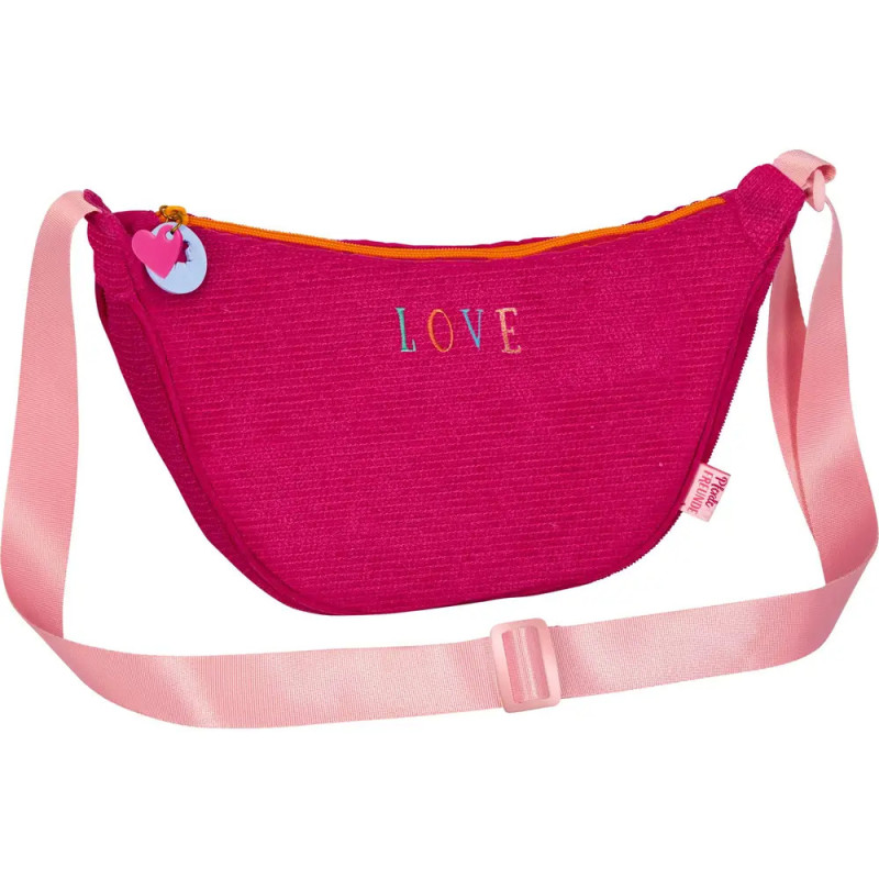 Knallpinke Umhängetasche mit pinkem Riemen, gelbem Reißverschluss, Herzanhänger und LOVE-Schriftzug auf der Front.