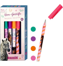 Box mit 4 Neon-Gelstiften mit Pferdemotiven ein Stift ist offen, Farben: Grün, Lila, Orange, Rosa.