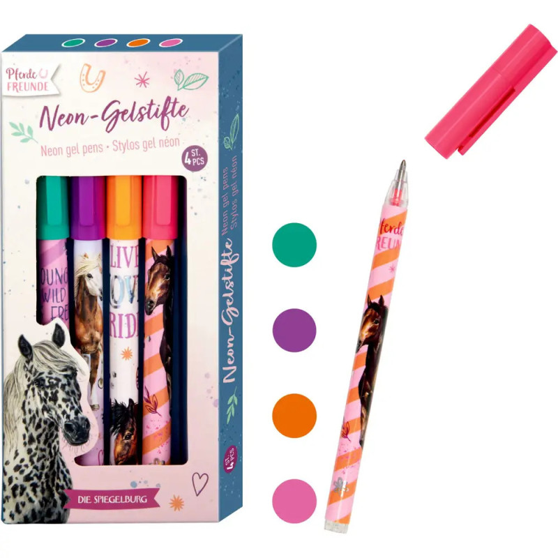 Box mit 4 Neon-Gelstiften mit Pferdemotiven ein Stift ist offen, Farben: Grün, Lila, Orange, Rosa.