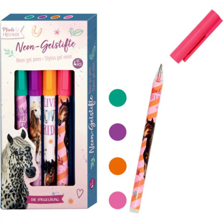 Box mit 4 Neon-Gelstiften mit Pferdemotiven ein Stift ist offen, Farben: Grün, Lila, Orange, Rosa.