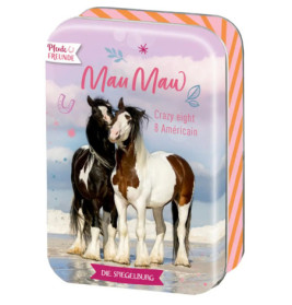 Zwei Pferde stehen am Sandstrand auf einer dekorativen Dose für das Spiel Mau Mau.