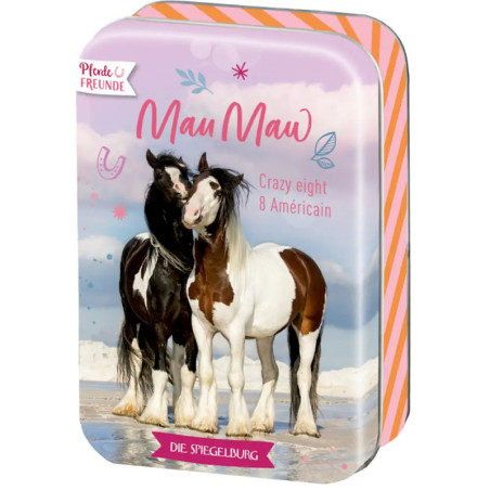 Zwei Pferde stehen am Sandstrand auf einer dekorativen Dose für das Spiel Mau Mau.