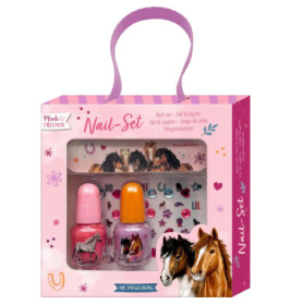Rosa Nagelset-Box mit Pferdemotiven, zwei Nagellacken, Stickern und einem Tragegriff.