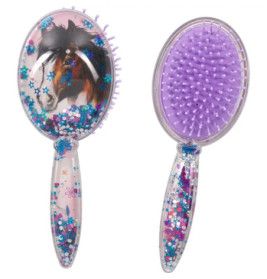 Zwei glitzernde Haarbürsten: eine mit Pferdemotiv und Stern-Konfetti, die andere mit lilafarbenen Borsten.