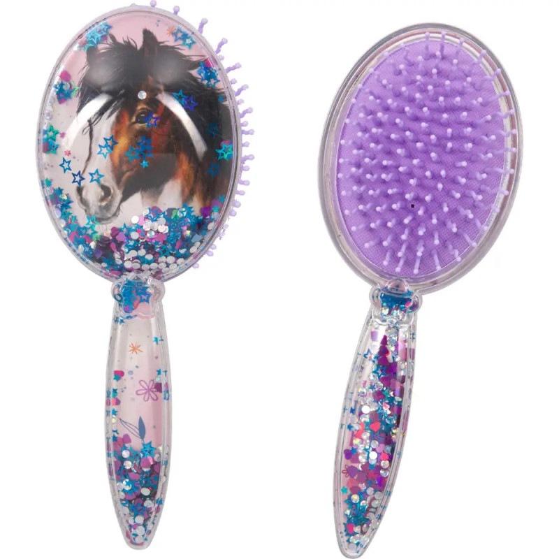 Zwei glitzernde Haarbürsten: eine mit Pferdemotiv und Stern-Konfetti, die andere mit lilafarbenen Borsten.
