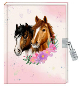 Zwei Pferde mit Blumen auf einem pinken Tagebuch mit silbernem Zahlenschloss an der Seite.