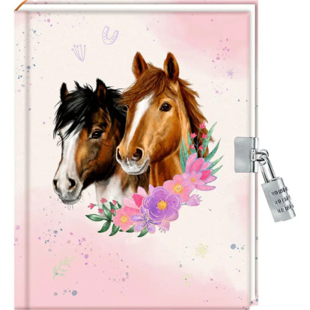Zwei Pferde mit Blumen auf einem pinken Tagebuch mit silbernem Zahlenschloss an der Seite.