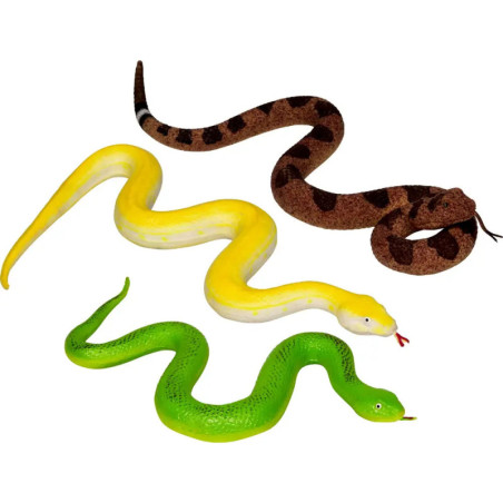 Drei Spielzeugschlangen (braun mit Punkten, gelb, grün), alle mit roten Zungen, auf weißem Hintergrund.
