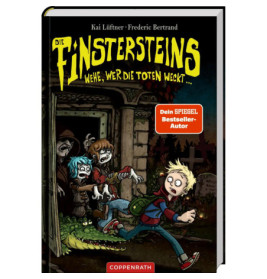 Drei verängstigte Kinder fliehen nachts vor einem Krokodil auf einem gruseligen Friedhof Die Finstersteins Cover.