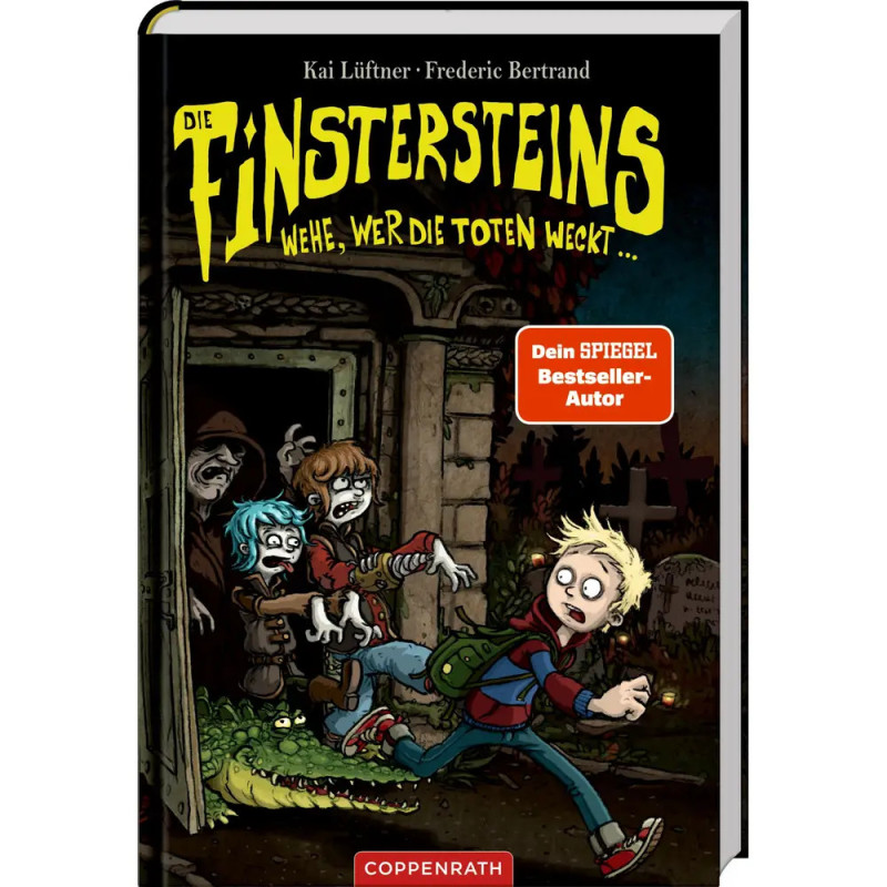 Drei verängstigte Kinder fliehen nachts vor einem Krokodil auf einem gruseligen Friedhof Die Finstersteins Cover.