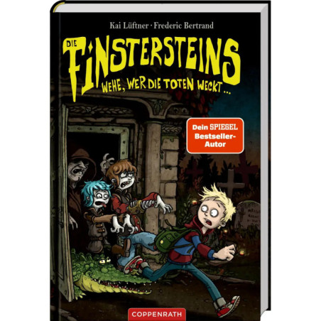 Drei verängstigte Kinder fliehen nachts vor einem Krokodil auf einem gruseligen Friedhof Die Finstersteins Cover.