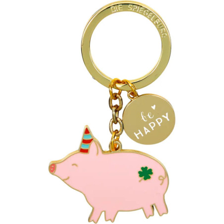 Goldener Schlüsselanhänger mit rosa Schwein, grünem Kleeblatt und rundem Anhänger mit be HAPPY.